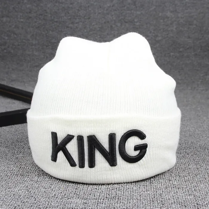 Hot KING QUEEN Letter Embroidery Knitted Cap Hip Hop Men Women Lovers Street Dance Bonnet Warm Hat Skullies Black White - Image 8