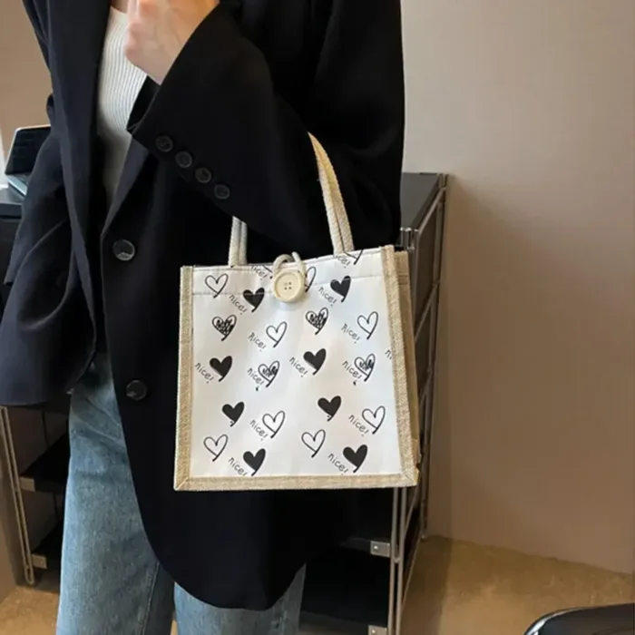 Linen Button Zipper Handbag Women Tote Large Capacity Grocery Bag Designer Bag Beach Organizer Portable Shopping Lunch Bag Gift - Image 2