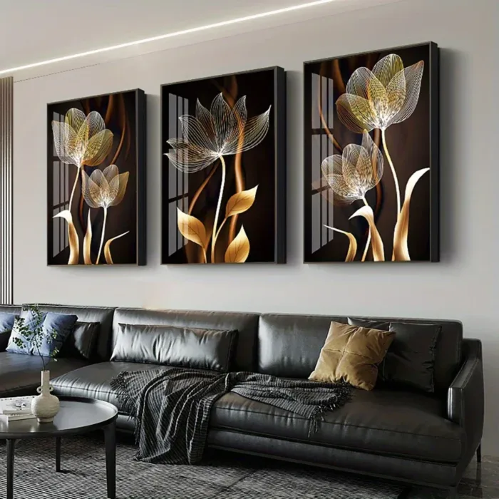 3 PCS Black and Gold Flower Wall Art Canvas Painting Living Room Decor Modern Abstract Poster Home Decor - Image 1
