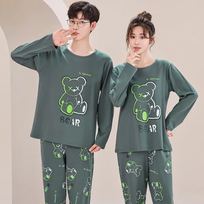 Big Size M-4XL Couple Pajamas Set Cute Cartoon Knited Cotton Sleepwear Women and Men Long Sleeve Pijamas Mujer - Image 1