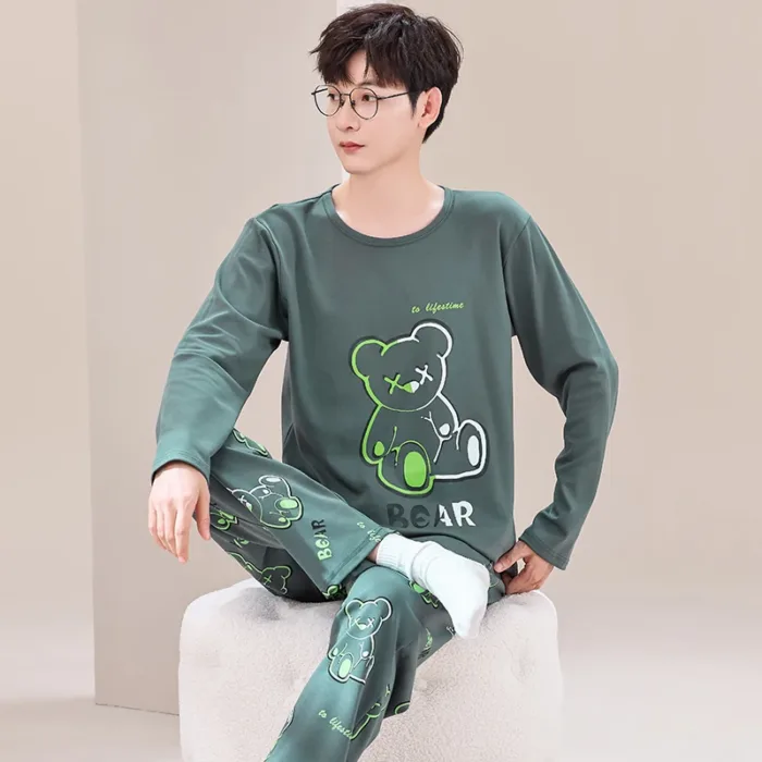 Big Size M-4XL Couple Pajamas Set Cute Cartoon Knited Cotton Sleepwear Women and Men Long Sleeve Pijamas Mujer - Image 4