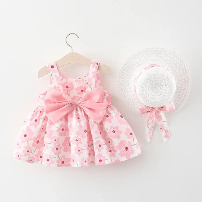 2Piece Summer Clothes Baby Girl Beach Dresses Casual Fashion Print Cute Bow Flower Princess Dress+Hat Newborn Clothing Set BC171 - Image 4