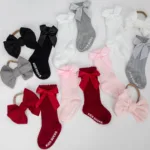 3Pcs/Set Baby Cotton Knee Socks Silk Stain Hair Bow Headbands Non-slip 0-12M Long Leggings Stockings Nylon Hairbands Infant Sock - Image 6