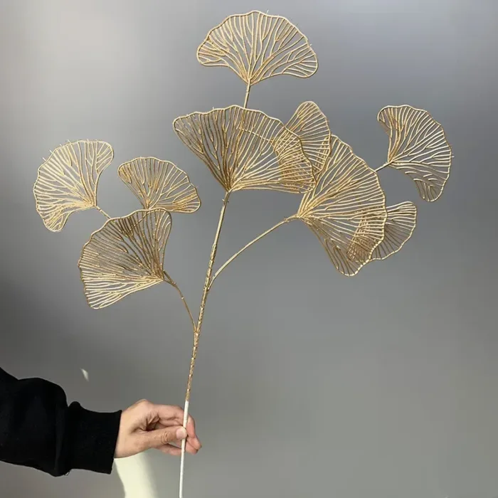 1PC Three-pronged Fan Leaf Netting Artificial Gold Ginkgo Eucalyptus Holly For Wedding Arch Flower Arrangement Home Decor Crafts - Image 2