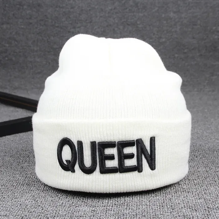 Hot KING QUEEN Letter Embroidery Knitted Cap Hip Hop Men Women Lovers Street Dance Bonnet Warm Hat Skullies Black White - Image 5