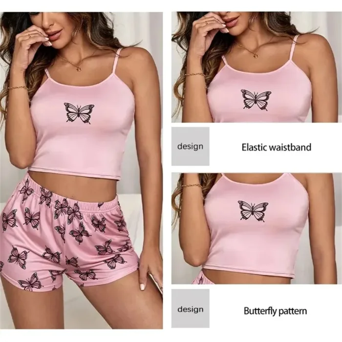 Two Piece Women's Suspender Printed Butterfly Round Neck Camouflage Top Paired with Shorts Women's Casual Pajama Set - Image 4