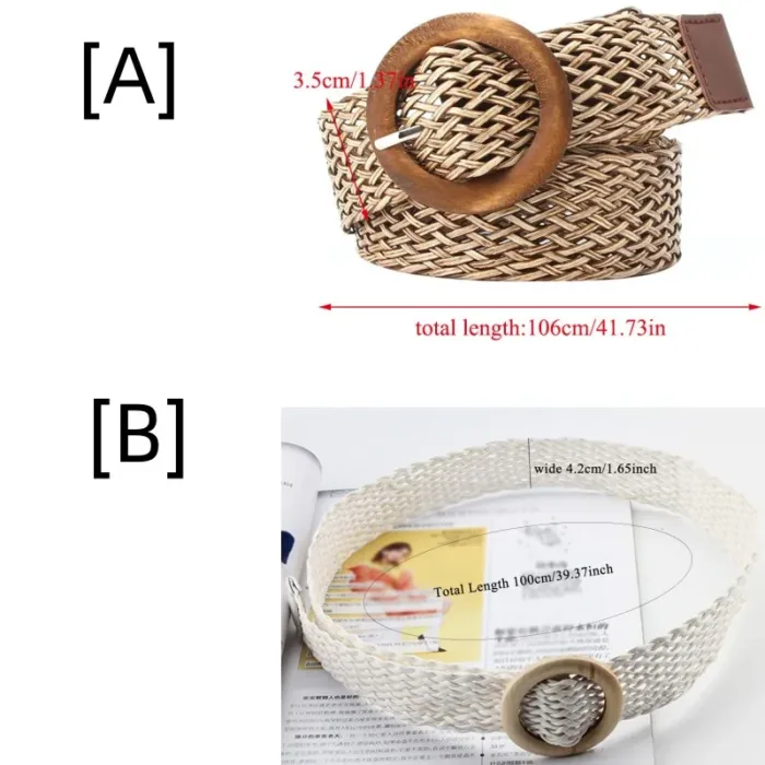 Braided Waist Belt Black Coffee Female Belt Vintage Boho Round Wooden Smooth Buckle Fake Straw Wide Belts Waist Strap For Women - Image 6