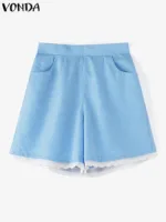 VONDA Women Fashion Casual Plaid Shorts 2024 Bohemian Holiday Summer Bottoms Party Oversized Printed Loose Lace Patchwork Shorts - Image 4