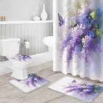 Oil Painting Purple Lavender Butterfly Shower Curtain Set Non-Slip Rugs Bath Mat Toilet Lid Cover Waterproof Bathroom Curtain - Image 3