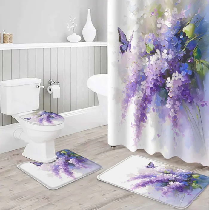 Oil Painting Purple Lavender Butterfly Shower Curtain Set Non-Slip Rugs Bath Mat Toilet Lid Cover Waterproof Bathroom Curtain - Image 3