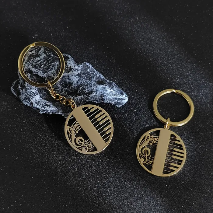 Musical symbol piano hollow style gold-plated keychain, silver and black stainless steel keychain, men's gift, family wear - Image 3