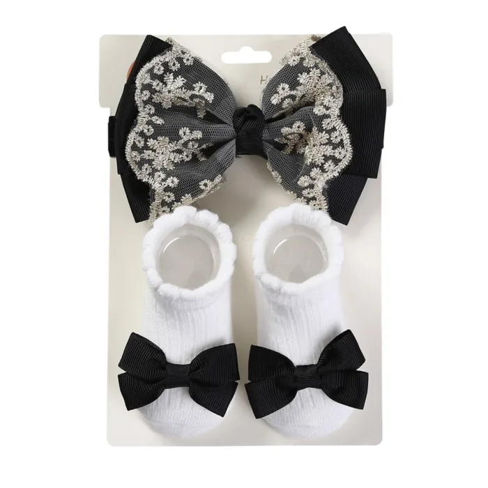 3Pcs/Set Leg Ruffled Cotton Socks Baby Girls  Kids Clothing with Lacework Toddlers Cotton Hair Ribbon Bows Sock Elastic Hairband - Image 11