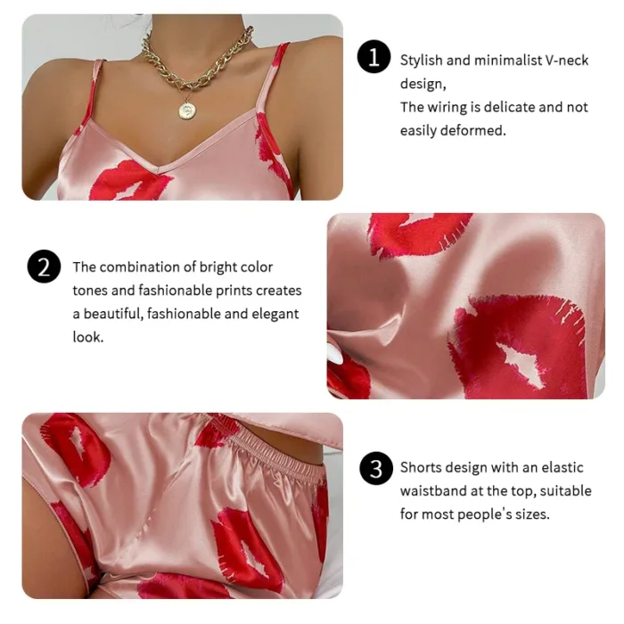 Women's Cute Heart Print Satin Pajama Set - V Neck Cami Top and Elastic Shorts for Comfortable Sleep and Lounging Homewear - Image 5