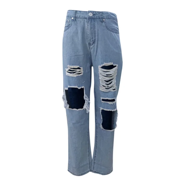 Hole Korean Oversize Streetwear Pants Ladies Hollow Out Ripped Straight Jeans Blue Punk Baggy High Waist Mom Boyfriend Denim - Image 4