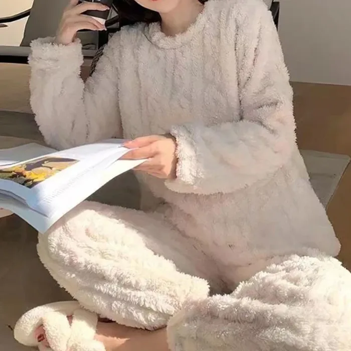 Autumn Women Solid Warm 2 Piece Sets Thicken Velvet Ribbed Fleece Set Pullover And Pants Women Casual Pajama Sets 2024 - Image 6