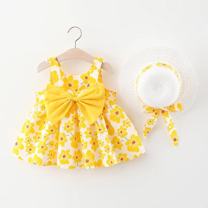 2Piece Summer Clothes Baby Girl Beach Dresses Casual Fashion Print Cute Bow Flower Princess Dress+Hat Newborn Clothing Set BC171 - Image 3