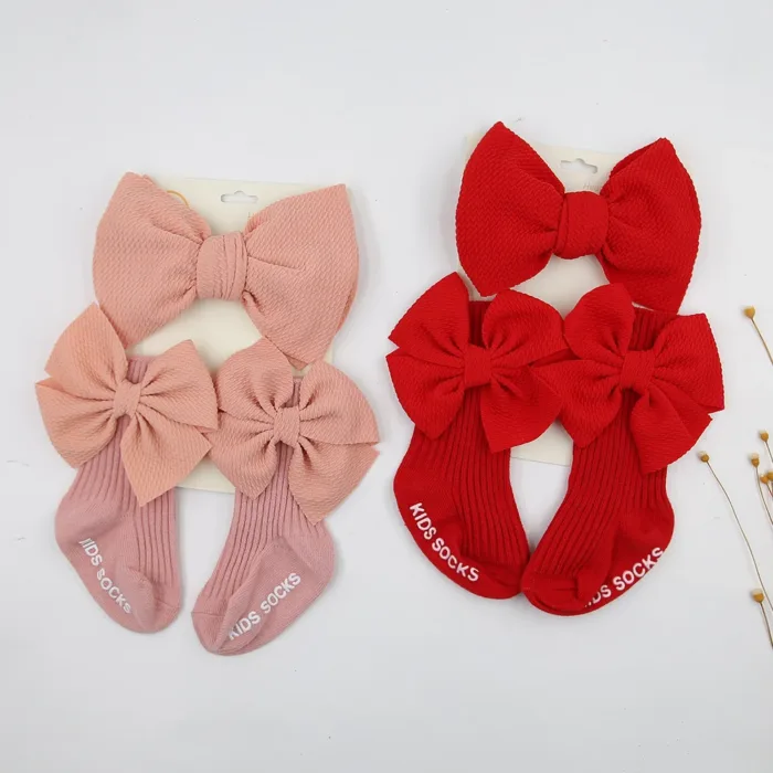 3Pcs/Set Big Bullet Bow Baby Headbands Elastic Nylon Hairbands Anti-Slip Socks Long Knee Cotton Sock 0-12M Maternity Clothing - Image 1