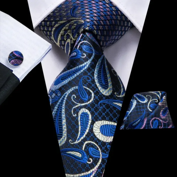 Hi-Tie Designer Black Blue Striped 63inch Silk Men Tie Extra Long Ties for Men Woven Classic 160cm Men Necktie Pocket Square Set - Image 20