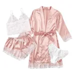 Women's Summer Sexy Pajama Pants Set 4 Pieces Lace Satin With Silk Sleepwear Robe Fashion And Comfortable Nightwear - Image 8