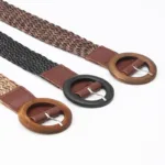 Braided Waist Belt Black Coffee Female Belt Vintage Boho Round Wooden Smooth Buckle Fake Straw Wide Belts Waist Strap For Women - Image 3