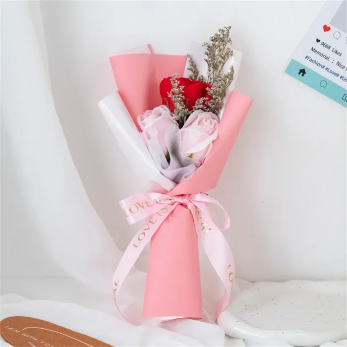 Artificial Soap Flower Rose Bouquet Gift Bags Valentine'S Day Birthday Gift Wedding Home Decor 3 Heads Rose Soap Bouquet Gift - Image 3