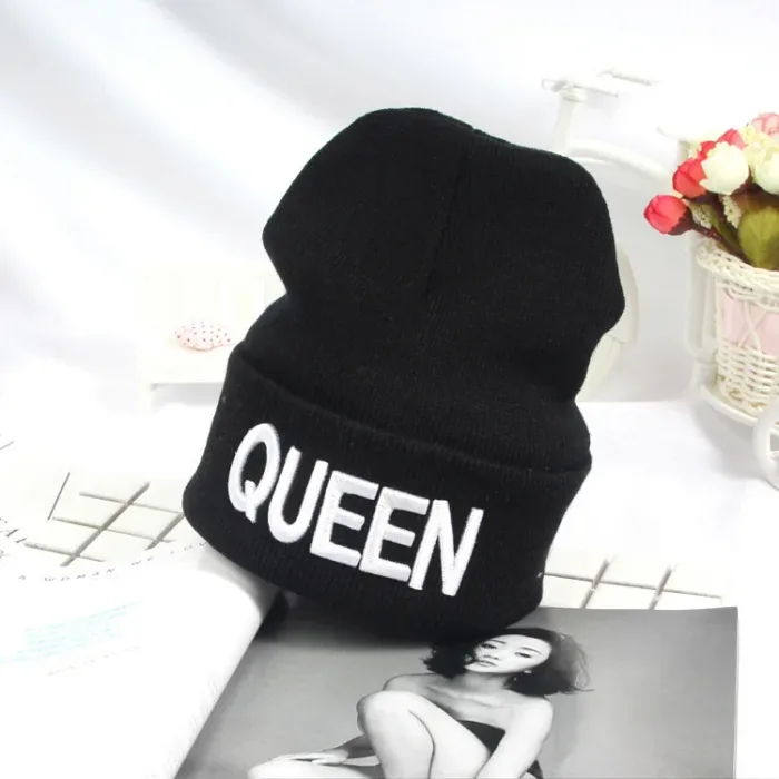 Hot KING QUEEN Letter Embroidery Knitted Cap Hip Hop Men Women Lovers Street Dance Bonnet Warm Hat Skullies Black White - Image 11
