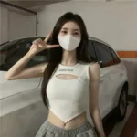 Casual Crop Tops Women Knit Irregular Tops Hollow Out Camisole Spicy Girl Outfit Female Fake Two Pieces Tank Tops with Bra Pad - Image 9
