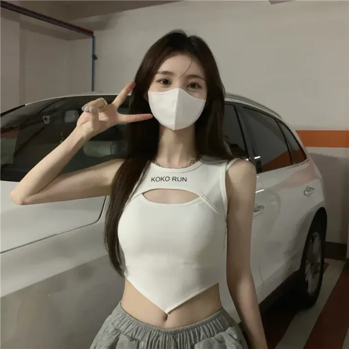 Casual Crop Tops Women Knit Irregular Tops Hollow Out Camisole Spicy Girl Outfit Female Fake Two Pieces Tank Tops with Bra Pad - Image 9
