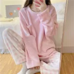 Fleece Thick Warm Women's Pajamas Set Winter Sleepwear Casual Solid Top and Plaid Pants Soft Pijamas Set for Women Home Suit - Image 14