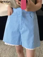 VONDA Women Fashion Casual Plaid Shorts 2024 Bohemian Holiday Summer Bottoms Party Oversized Printed Loose Lace Patchwork Shorts - Image 2