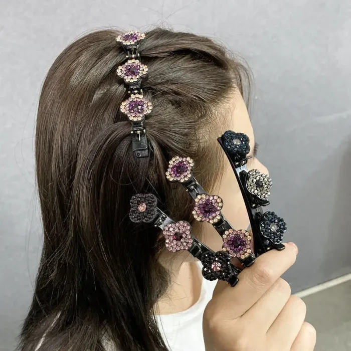 2023 New Fashion Sparkling Crystal Stone Braided Hair Clips 3 Flower Hair Accessory For Women Girls - Image 1