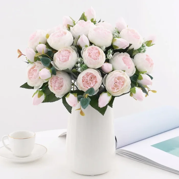 30cm Rose White Peony Artificial Flowers Bouquet 5 Big Head and 4 Bud Cheap Fake Flowers for Home Wedding Decoration Indoor - Image 1