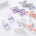 3Pcs/Set Leg Ruffled Cotton Socks Baby Girls  Kids Clothing with Lacework Toddlers Cotton Hair Ribbon Bows Sock Elastic Hairband - Image 5
