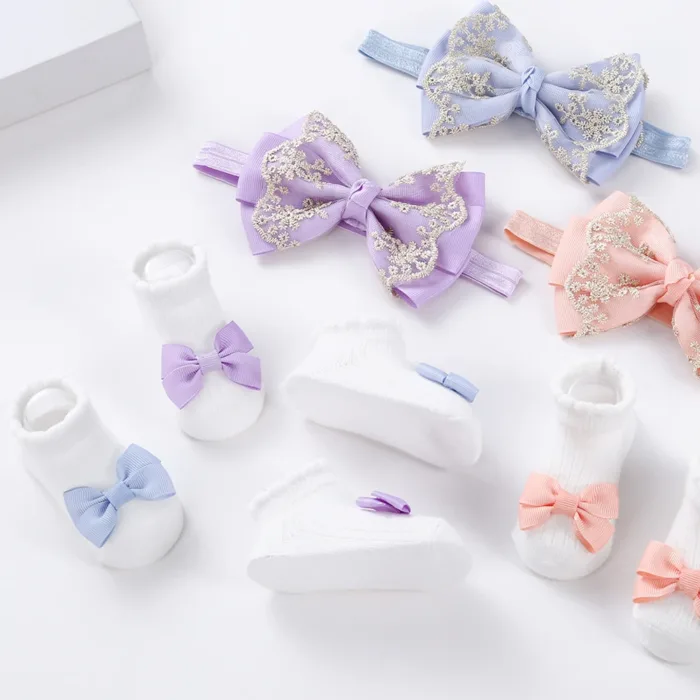 3Pcs/Set Leg Ruffled Cotton Socks Baby Girls  Kids Clothing with Lacework Toddlers Cotton Hair Ribbon Bows Sock Elastic Hairband - Image 5