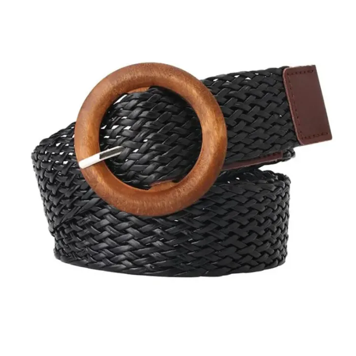 Braided Waist Belt Black Coffee Female Belt Vintage Boho Round Wooden Smooth Buckle Fake Straw Wide Belts Waist Strap For Women - Image 7