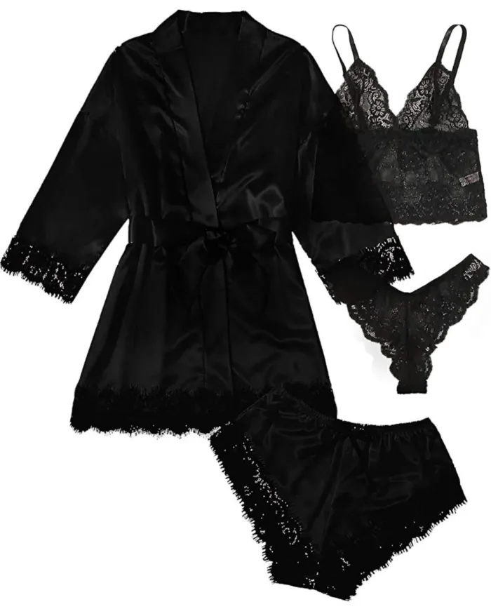 European and American women's pajamas underwear 4-piece set Lei suspender pajamas women's summer set nightgown nightgown - Image 12