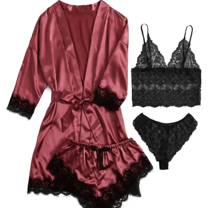 European and American women's pajamas underwear 4-piece set Lei suspender pajamas women's summer set nightgown nightgown - Image 3
