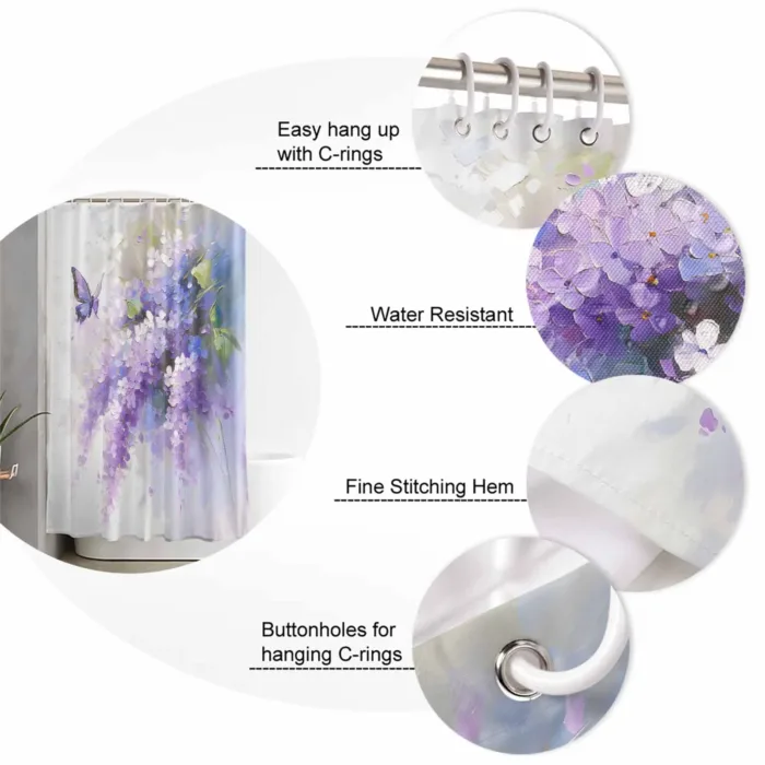 Oil Painting Purple Lavender Butterfly Shower Curtain Set Non-Slip Rugs Bath Mat Toilet Lid Cover Waterproof Bathroom Curtain - Image 5