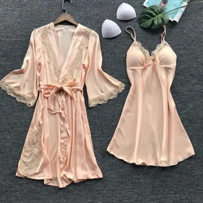 2PCS Leepwear Female Pajamas Set Satin Home Pyjamamas Lace Robe Sleep Suit V-Neck Wedding Nightwear Wear Nighty&Rob - Image 4