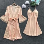 2PCS Leepwear Female Pajamas Set Satin Home Pyjamamas Lace Robe Sleep Suit V-Neck Wedding Nightwear Wear Nighty&Rob - Image 4