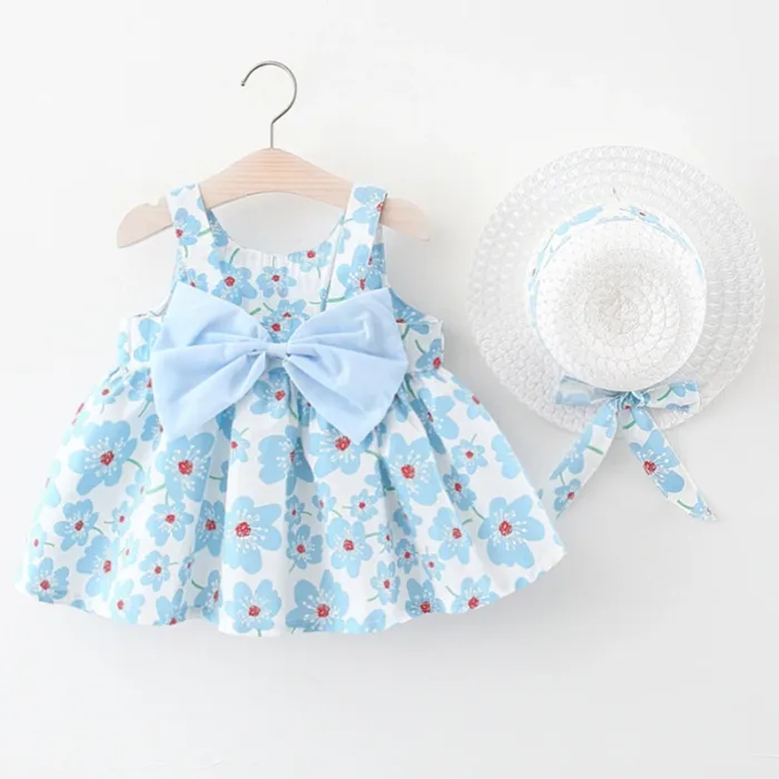 2Piece Summer Clothes Baby Girl Beach Dresses Casual Fashion Print Cute Bow Flower Princess Dress+Hat Newborn Clothing Set BC171 - Image 1