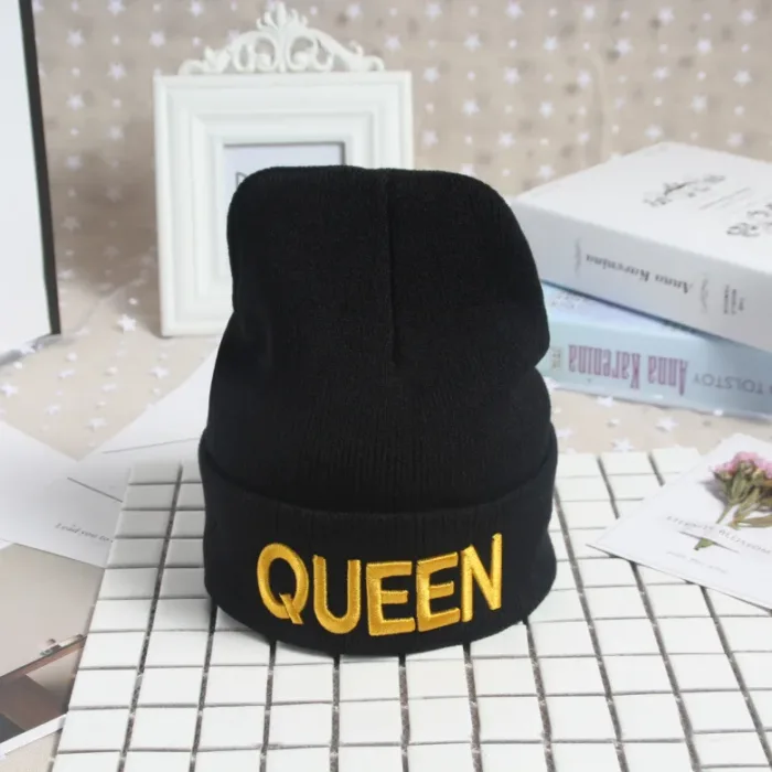 Hot KING QUEEN Letter Embroidery Knitted Cap Hip Hop Men Women Lovers Street Dance Bonnet Warm Hat Skullies Black White - Image 9
