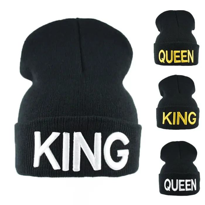 Hot KING QUEEN Letter Embroidery Knitted Cap Hip Hop Men Women Lovers Street Dance Bonnet Warm Hat Skullies Black White - Image 1