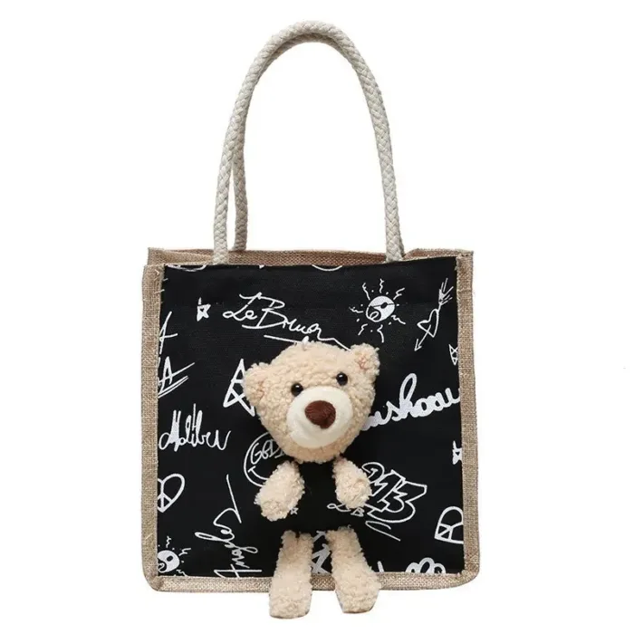 Girls Simple Cute Bear Handbag Ladies Fashion Commuter Canvas Bag Cubic Bear Decoration Canvas Material - Image 5