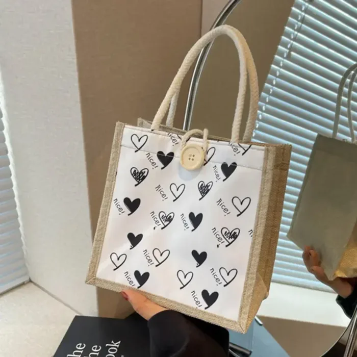 Linen Button Zipper Handbag Women Tote Large Capacity Grocery Bag Designer Bag Beach Organizer Portable Shopping Lunch Bag Gift - Image 8