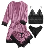 European and American women's pajamas underwear 4-piece set Lei suspender pajamas women's summer set nightgown nightgown - Image 7