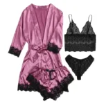 Women's Satin Pajama Set 4pcs Floral Lace Trim Cami Lingerie Sleepwear with Robe Sleepwear Lace Cami Shorts Loungewear Pink - Image 3