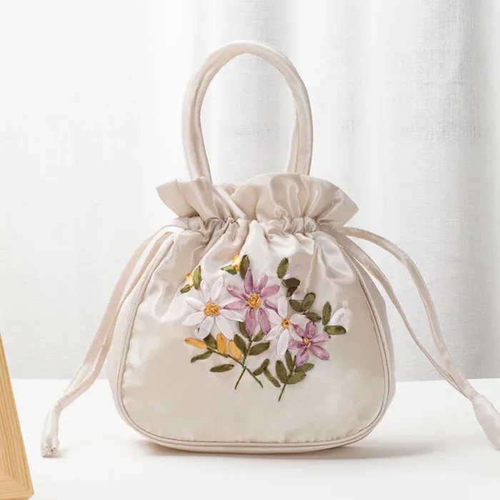 Small Women Bucket Bag Top Handle Ladies Handbag Phone Bag Summer Purse National Style Embroidered Flower Pattern Drawstring Bag - Image 12