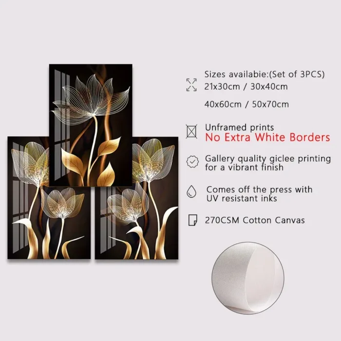3 PCS Black and Gold Flower Wall Art Canvas Painting Living Room Decor Modern Abstract Poster Home Decor - Image 5