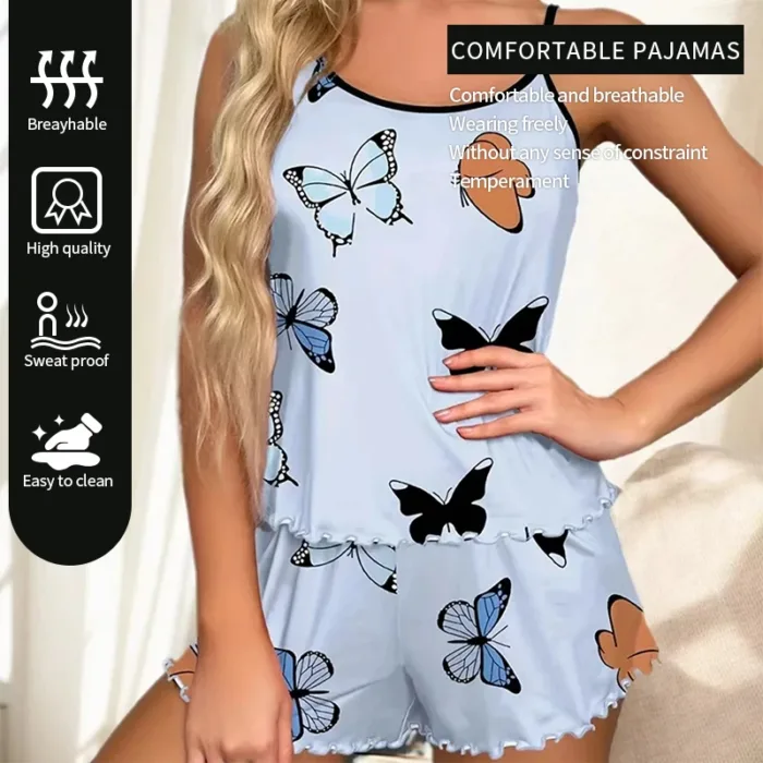 Women's Comfortable Casual Printed Butterfly Camouflage Top and Shorts Pajama Set Women's Blue Pajama Printed Home Pajama Set - Image 3